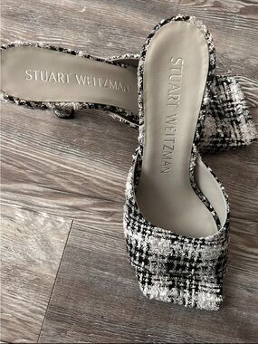 Stuart Weitzman Black & White Tweed Slide Mules